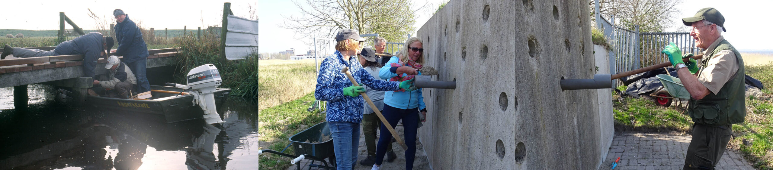 Bevestigen nesthokjes voor boerenzwaluwen (l) en het schoonmaken en voorbereiden oeverzwaluwwand (m+r)